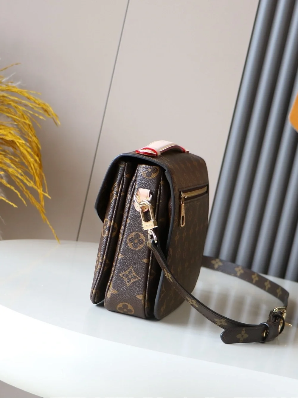 Luxury Monogram Crossbody Bag in Brown with Pink Trim